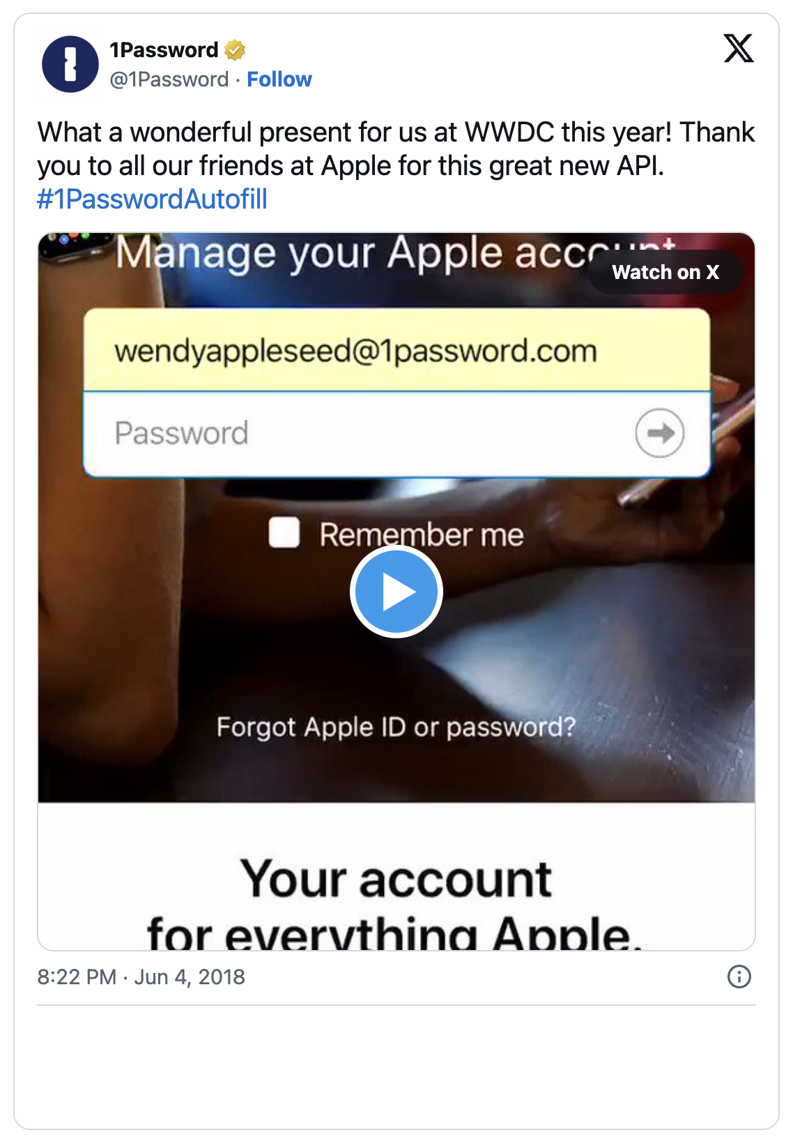 Tweet from 1Password announcing iOS 12 support