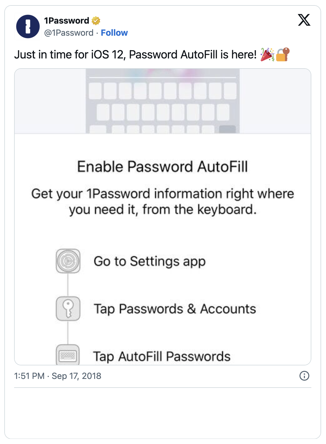Tweet from 1Password announcing iOS 12 support and showing some features.