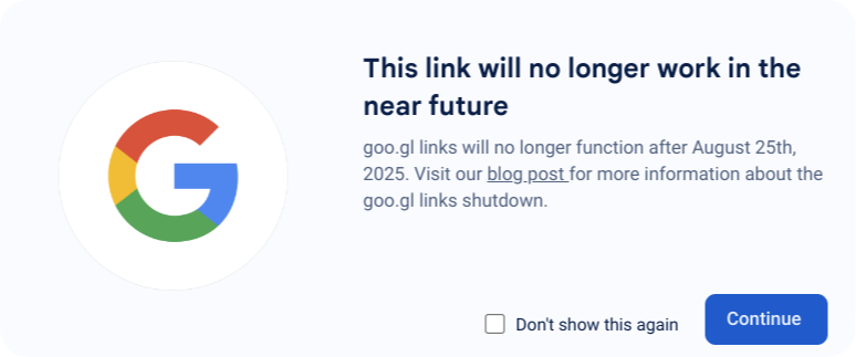 Error message shown when using a URL that Google will not support any more.