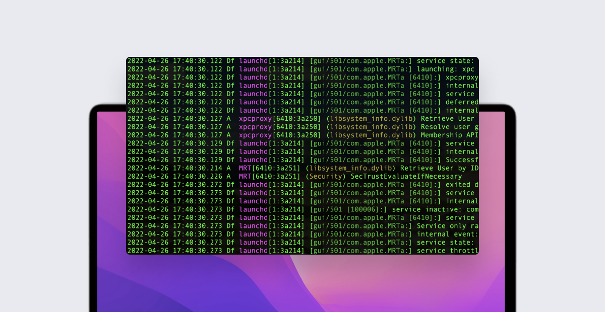 macOS terminal window showing unified logs