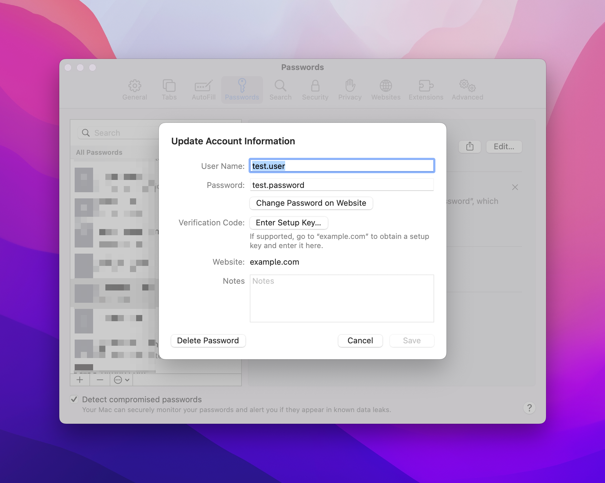 Safari Passwords page