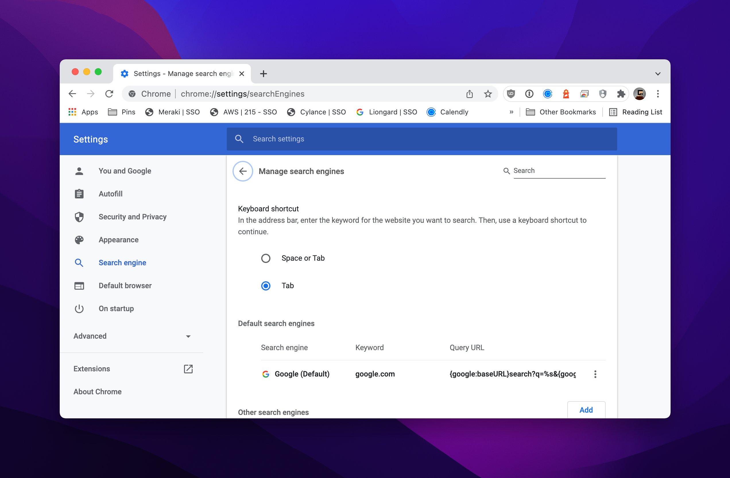 Chrome Search Engine Tab